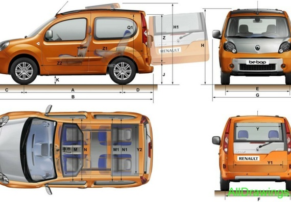 Renault Kangoo BeBop (2009) (Рено Канго БеБоп (2009)) - чертежи (рисунки) автомобиля